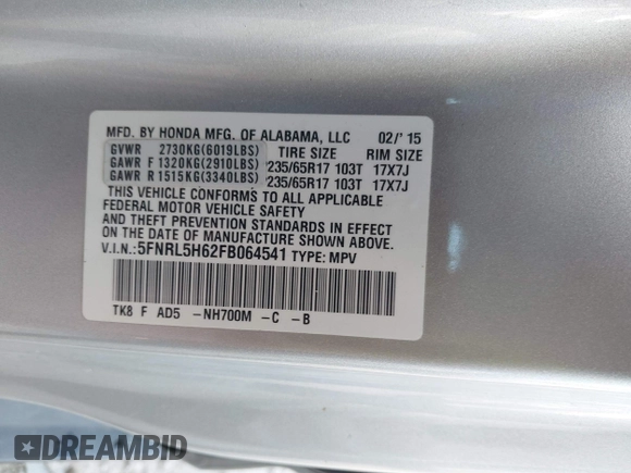 2015 Honda Odyssey EX-L with VIN 5FNRL5H62FB064541, listed as a IAAI auction lot 42048705 with 176,620 mi miles and . Bid and sale history available at DreamBid. Image 9.