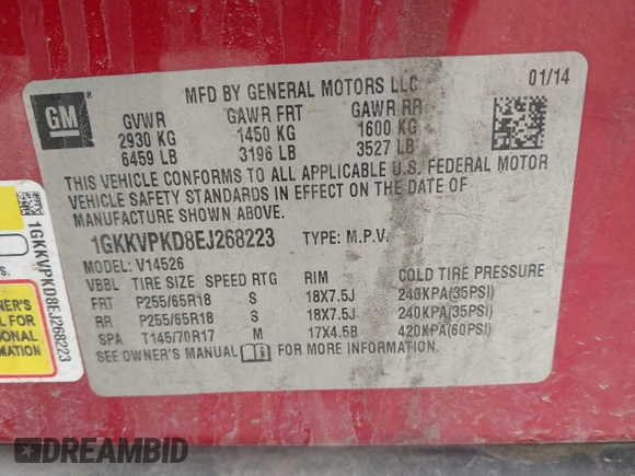 2014 GMC Acadia SLE with VIN 1GKKVPKD8EJ268223, listed as a IAAI auction lot 41827904 with 206,859 mi miles and . Bid and sale history available at carsss.com. Image 7.