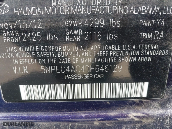 2013 Hyundai Sonata SE with VIN 5NPEC4AC4DH646129, listed as a IAAI auction lot 42087732 with 160,100 mi miles. Bid and sale history available at carsss.com. Image 9.