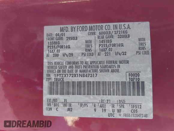 2001 Ford F-150 XL with VIN 1FTZX172X1NB47317, listed as a IAAI auction lot 41676446 with Not provided miles and . Bid and sale history available at DreamBid. Image 9.