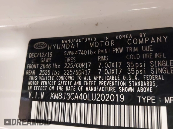 2020 Hyundai Tucson Value z VIN KM8J3CA40LU202019, wystawiony jako IAAI lot #41611521 z przebiegiem 66 238 mil mil oraz . Historia ofert i sprzedaży dostępna na DreamBid. Obrazek 9.