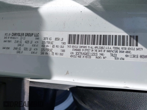 2014 Ram ProMaster Cargo with VIN 3C6TRVAG0EE112315, listed as a IAAI auction lot 41993252 with 144,150 mi miles and . Bid and sale history available at carsss.com. Image 9.