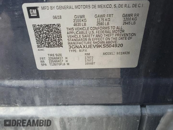 2019 Chevrolet Equinox LT z VIN 3GNAXUEV9KS504920, wystawiony jako Copart lot #87015394 z przebiegiem 198 328 mil mil oraz Szkoda całkowita • Salvage title. Historia ofert i sprzedaży dostępna na DreamBid. Obrazek 13.