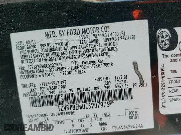 2012 Ford Mustang V6 with VIN 1ZVBP8EM0C5207975, listed as a Copart auction lot 52574655 with 161,516 mi miles and Salvage Title. Bid and sale history available at carsss.com. Image 14.