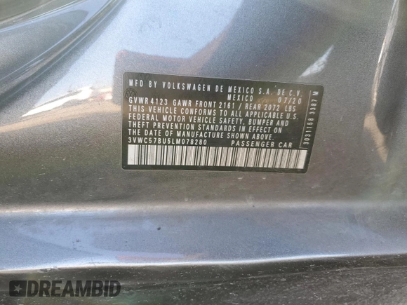 2020 Volkswagen Jetta S with VIN 3VWC57BU5LM078280, listed as a Copart auction lot 85591314 with 76,813 mi miles and Salvage title. Bid and sale history available at DreamBid. Image 12.