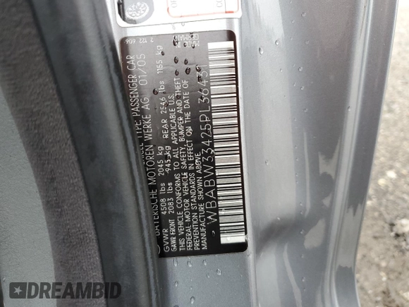 2005 BMW 3 Series 325Ci with VIN WBABW33425PL36431, listed as a Copart auction lot 55774905 with 82,530 mi miles and Salvage title. Bid and sale history available at DreamBid. Image 12.