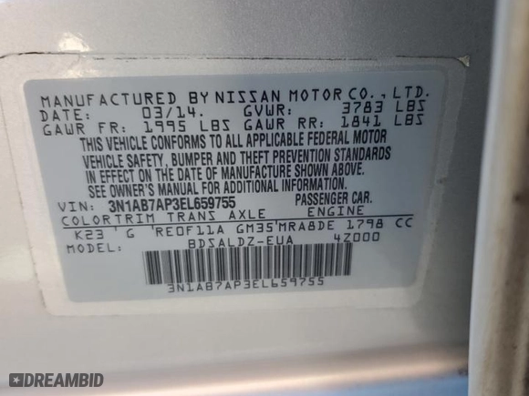 2014 Nissan Sentra SV with VIN 3N1AB7AP3EL659755, listed as a Copart auction lot 53167555 with 146,674 mi miles and Clean Title. Bid and sale history available at carsss.com. Image 12.