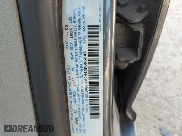 2003 Volkswagen Jetta GL with VIN 3VWRK69M43M096045, listed as a Copart auction lot 48767055 with Not provided miles and Non repairable. Bid and sale history available at DreamBid. Image 12.