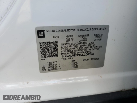 2019 GMC Terrain SLT with VIN 3GKALVEX9KL100378, listed as a Copart auction lot 50818915 with 71,338 mi miles and Salvage Title. Bid and sale history available at carsss.com. Image 13.