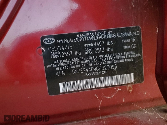 2016 Hyundai Sonata SE with VIN 5NPE24AF9GH323096, listed as a Copart auction lot 83841994 with 52,770 mi miles and Salvage Title. Bid and sale history available at carsss.com. Image 12.