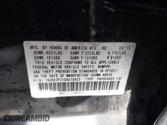 2016 Acura ILX z VIN 19UDE2F31GA018903, wystawiony jako IAAI lot #41767773 z przebiegiem 149 063 mil mil oraz . Historia ofert i sprzedaży dostępna na DreamBid. Obrazek 9.
