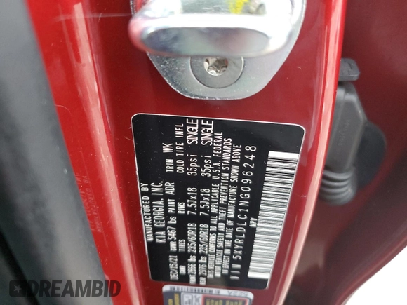 2022 Kia Sorento X-Line S with VIN 5XYRLDLC1NG096248, listed as a Copart auction lot 85910474 with 75,526 mi miles and Salvage Title. Bid and sale history available at DreamBid. Image 14.
