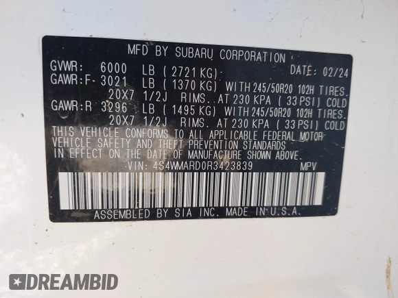 2024 Subaru Ascent Limited with VIN 4S4WMARD0R3423839, listed as a IAAI auction lot 40558766 with Not provided miles and . Bid and sale history available at DreamBid. Image 9.