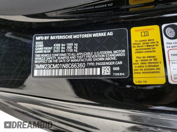 2022 BMW 2 Series 230i with VIN 3MW23CM01N8C66360, listed as a Copart auction lot 40040844 with 15,453 mi miles. Bid and sale history available at carsss.com. Image 12.