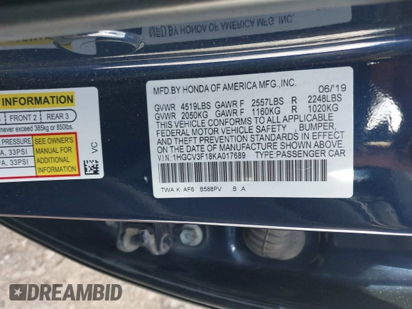 2019 Honda Accord with VIN 1HGCV3F18KA017689, listed as a IAAI auction lot 41030081 with 122,290 mi miles and . Bid and sale history available at DreamBid. Image 9.