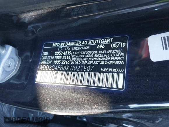 2019 Mercedes-Benz A 220 with VIN WDD3G4FB8KW021807, listed as a IAAI auction lot 41248260 with Not Provided miles and . Bid and sale history available at DreamBid. Image 9.