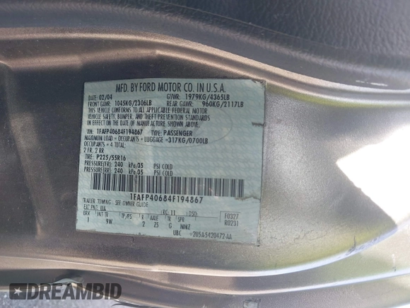 2004 Ford Mustang Standard z VIN 1FAFP40684F194867, wystawiony jako IAAI lot #39963442 z przebiegiem Nie podano mil oraz . Historia ofert i sprzedaży dostępna na DreamBid. Obrazek 9.