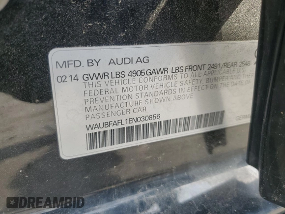 2014 Audi A4 Premium with VIN WAUBFAFL1EN030856, listed as a Copart auction lot 51037435 with 95,190 mi miles and Salvage Title. Bid and sale history available at carsss.com. Image 12.