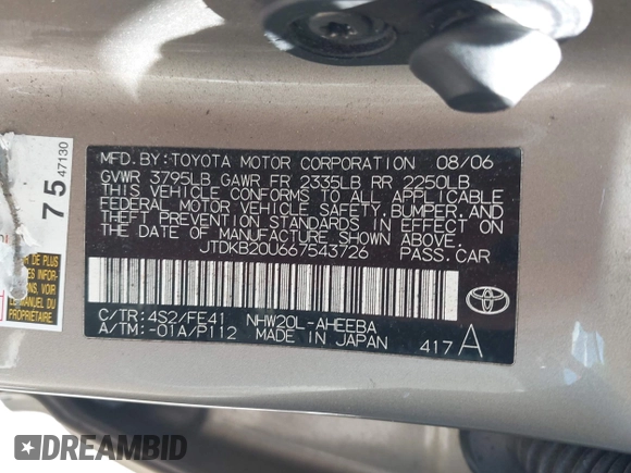 2006 Toyota Prius with VIN JTDKB20U667543726, listed as a IAAI auction lot 42101090 with 196,358 mi miles. Bid and sale history available at carsss.com. Image 9.
