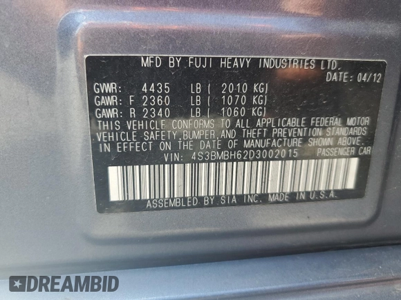 2013 Subaru Legacy Premium with VIN 4S3BMBH62D3002015, listed as a Copart auction lot 62558615 with 123,338 mi miles and Salvage title. Bid and sale history available at DreamBid. Image 12.