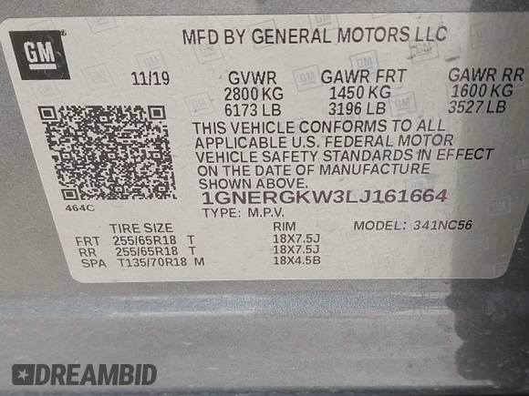2020 Chevrolet Traverse LT Cloth with VIN 1GNERGKW3LJ161664, listed as a IAAI auction lot 41637221 with 64,180 mi miles. Bid and sale history available at carsss.com. Image 9.