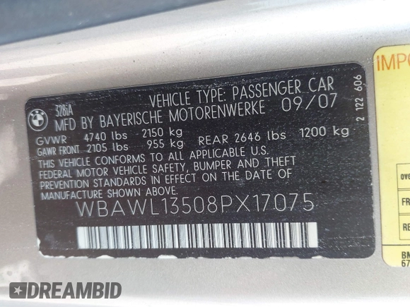 2008 BMW 3 Series 328i with VIN WBAWL13508PX17075, listed as a IAAI auction lot 42580087 with 138,080 mi miles and . Bid and sale history available at DreamBid. Image 9.