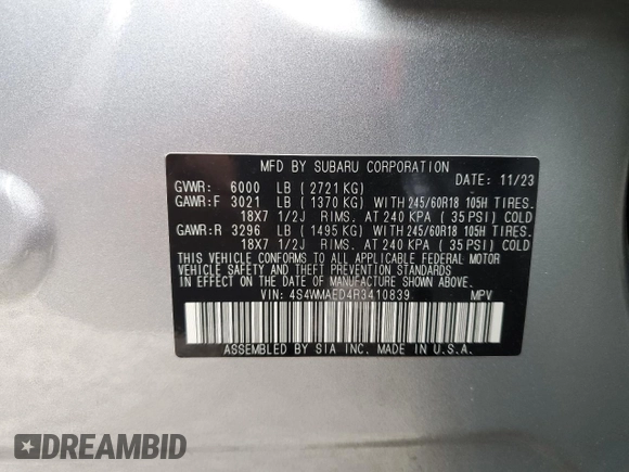 2024 Subaru Ascent Premium z VIN 4S4WMAED4R3410839, wystawiony jako Copart lot #48689185 z przebiegiem 36 517 mil mil oraz Szkoda całkowita • Salvage title. Historia ofert i sprzedaży dostępna na DreamBid. Obrazek 15.