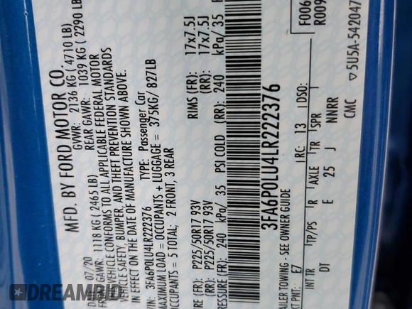 2020 Ford Fusion Hybrid SE with VIN 3FA6P0LU4LR222376, listed as a Copart auction lot 42911893 with 8,231 mi miles. Bid and sale history available at carsss.com. Image 13.