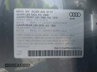 2017 Audi Q5 Premium with VIN WA1C2AFP6HA096704, listed as a IAAI auction lot 41538928 with 57,743 mi miles. Bid and sale history available at carsss.com. Image 9.