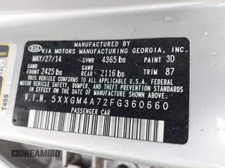 2015 Kia Optima LX with VIN 5XXGM4A72FG360660, listed as a IAAI auction lot 42667514 with 151,317 mi miles and . Bid and sale history available at DreamBid. Image 9.
