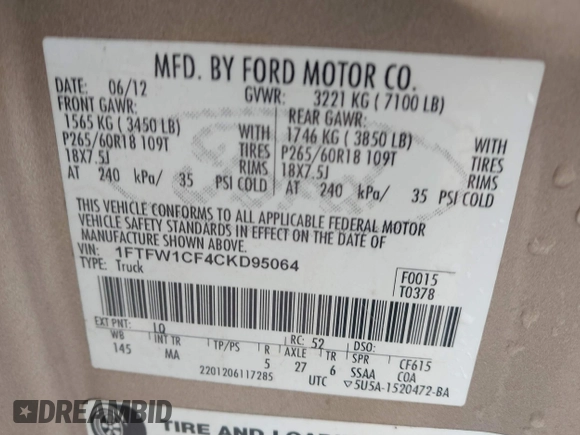2012 Ford F-150 XL with VIN 1FTFW1CF4CKD95064, listed as a IAAI auction lot 41618938 with 247,129 mi miles. Bid and sale history available at carsss.com. Image 9.