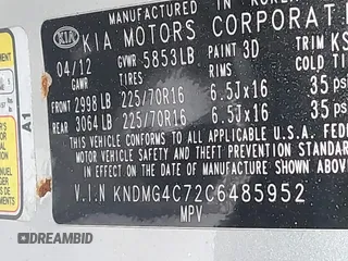 2012 Kia Sedona LX with VIN KNDMG4C72C6485952, listed as a IAAI auction lot 42029147 with 129,296 mi miles. Bid and sale history available at carsss.com. Image 9.