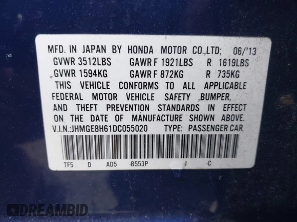 2013 Honda Fit Sport с VIN JHMGE8H61DC055020, выставлен на аукционе IAAI как лот 41939656 с пробегом 35 392 миль миль и . История ставок и продаж доступна на DreamBid. Изображение 9.