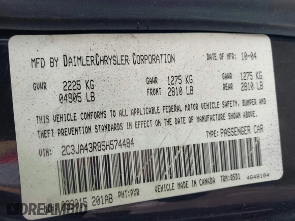2005 Chrysler 300 300 with VIN 2C3JA43R85H574484, listed as a IAAI auction lot 42049881 with 174,662 mi miles and . Bid and sale history available at DreamBid. Image 9.
