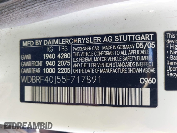 2005 Mercedes-Benz C 230 Kompressor with VIN WDBRF40J55F717891, listed as a IAAI auction lot 41988662 with 161,528 mi miles and . Bid and sale history available at DreamBid. Image 9.