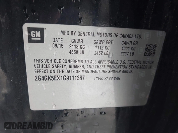 2016 Buick Regal with VIN 2G4GK5EX1G9111387, listed as a IAAI auction lot 41684191 with 217,771 mi miles and . Bid and sale history available at DreamBid. Image 9.