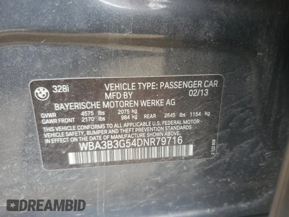 2013 BMW 3 Series 328i xDrive with VIN WBA3B3G54DNR79716, listed as a Copart auction lot 55332925 with 127,823 mi miles and Clean Title. Bid and sale history available at carsss.com. Image 12.