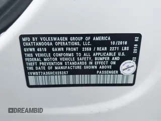 2017 Volkswagen Passat SE with VIN 1VWBT7A35HC025257, listed as a IAAI auction lot 41104637 with 48,066 mi miles and . Bid and sale history available at DreamBid. Image 9.
