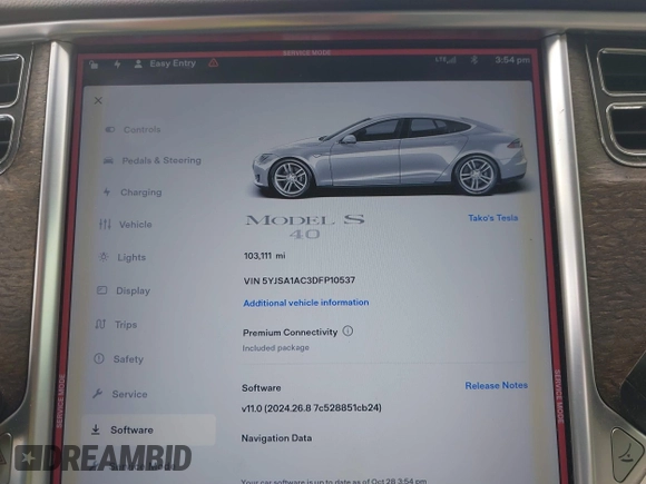 2013 Tesla Model S with VIN 5YJSA1AC3DFP10537, listed as a IAAI auction lot 40707549 with 103,111 mi miles and . Bid and sale history available at DreamBid. Image 7.