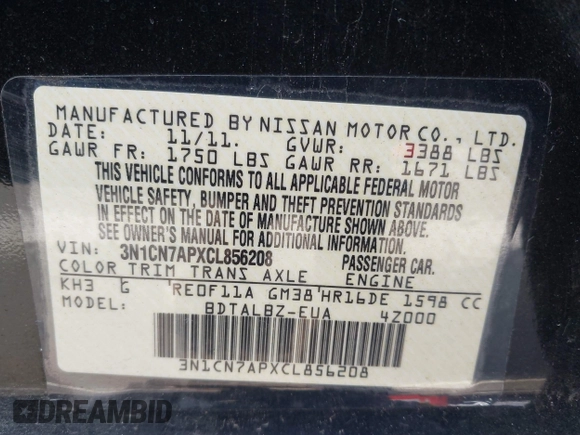 2012 Nissan Versa SV with VIN 3N1CN7APXCL856208, listed as a IAAI auction lot 41791923 with 46,332 mi miles and . Bid and sale history available at DreamBid. Image 9.