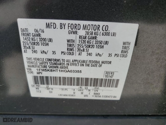 2017 Ford Explorer Platinum with VIN 1FM5K8HT1HGA03355, listed as a Copart auction lot 50296905 with 107,133 mi miles and Salvage Title. Bid and sale history available at carsss.com. Image 13.