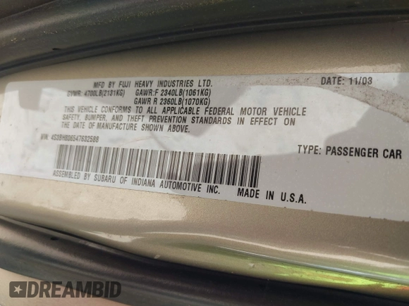 2004 Subaru Legacy Outback L.L. Bean with VIN 4S3BH806547632588, listed as a IAAI auction lot 42807241 with 220,023 mi miles and . Bid and sale history available at DreamBid. Image 9.