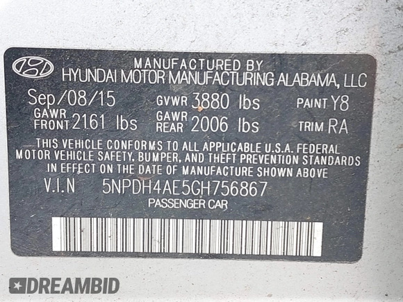2016 Hyundai Elantra SE with VIN 5NPDH4AE5GH756867, listed as a IAAI auction lot 41761113 with 148,954 mi miles and . Bid and sale history available at DreamBid. Image 9.