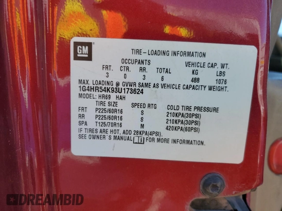 2003 Buick LeSabre Limited with VIN 1G4HR54K93U173624, listed as a Copart auction lot 46119325 with 252,755 mi miles and Salvage title. Bid and sale history available at DreamBid. Image 12.