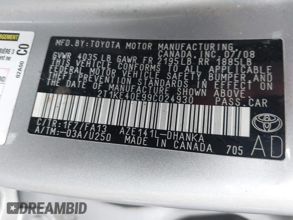 2009 Toyota Matrix S z VIN 2T1KE40E99C024930, wystawiony jako IAAI lot #42471952 z przebiegiem 147 941 mil mil oraz . Historia ofert i sprzedaży dostępna na DreamBid. Obrazek 9.