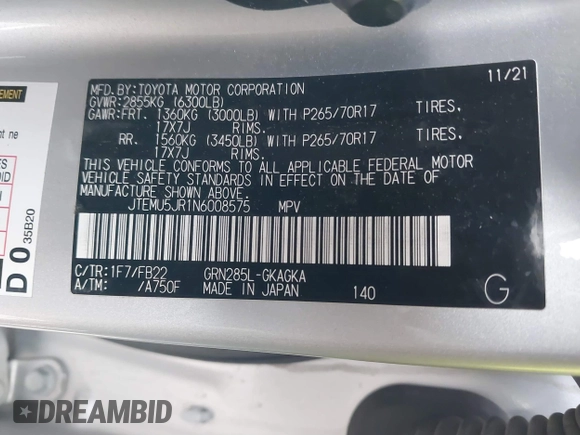 2022 Toyota 4Runner SR5 with VIN JTEMU5JR1N6008575, listed as a IAAI auction lot 41158760 with Not provided miles and . Bid and sale history available at DreamBid. Image 9.