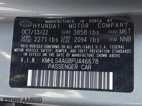 2023 Hyundai Elantra SEL with VIN KMHLS4AG8PU446678, listed as a IAAI auction lot 41826226 with 80,110 mi miles and . Bid and sale history available at DreamBid. Image 9.