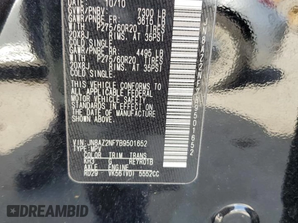 2011 Infiniti QX56 7-passenger with VIN JN8AZ2NF7B9501652, listed as a Copart auction lot 76238674 with 102,157 mi miles and Salvage Title. Bid and sale history available at carsss.com. Image 13.