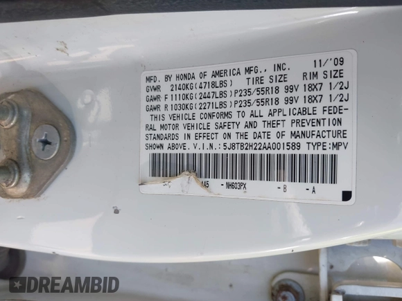 2010 Acura RDX with VIN 5J8TB2H22AA001589, listed as a IAAI auction lot 42581651 with 263,951 mi miles and . Bid and sale history available at DreamBid. Image 9.