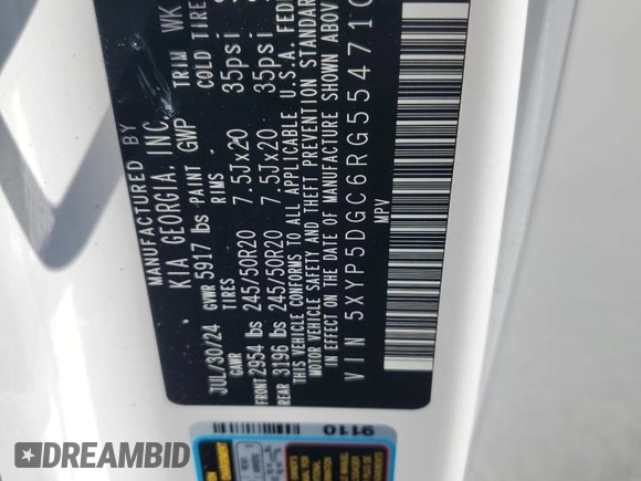 2024 Kia Telluride SX X-Line with VIN 5XYP5DGC6RG554710, listed as a Copart auction lot 63592275 with 11,513 mi miles and Salvage title. Bid and sale history available at DreamBid. Image 13.